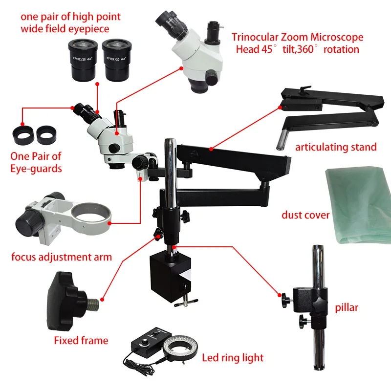 フレキシブル可動式アーム大型移動ブームスタンド三眼実体顕微鏡 - Articulating Arm Boom Stand Microscope のレビューと価格